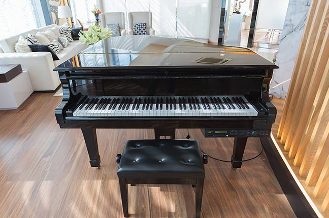 piano preto em sala de estar